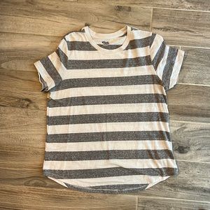 Grey and White Striped Cap Sleeve Crew Neck Top